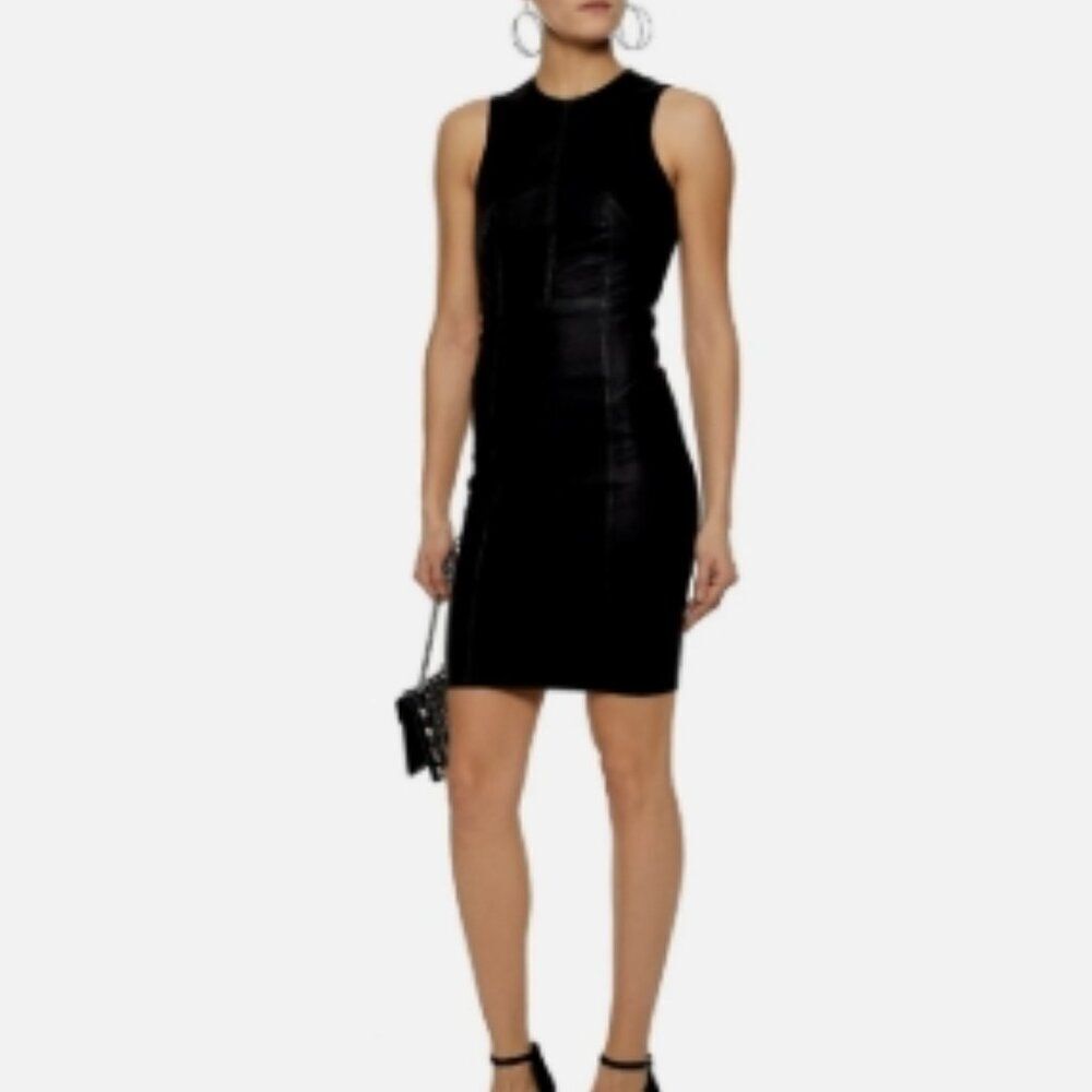 T ALEXANDER WANG Black Sleeveless Lambskin Leather Paneled Mini Dress US 2